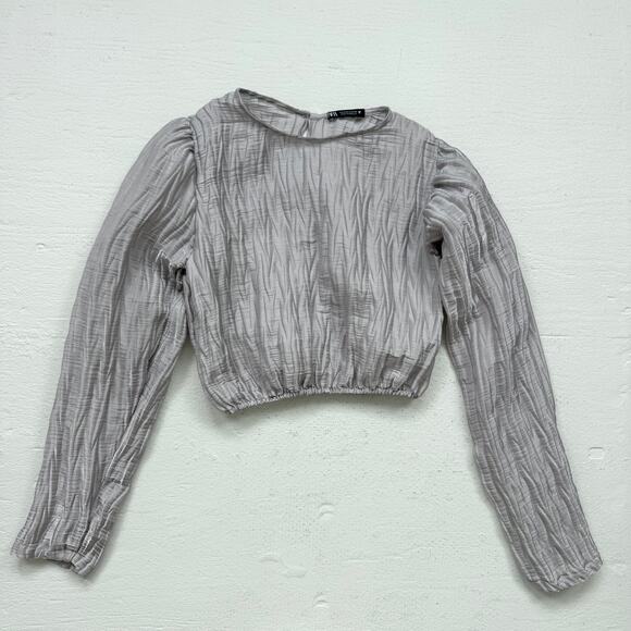 Zara Textured Metallic Silver Cropped Long Sleeve Top Small - Picture 1 of 5
